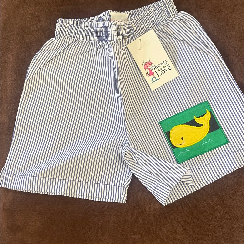 Seersucker striped shorts with Whale Appliqué - NWT